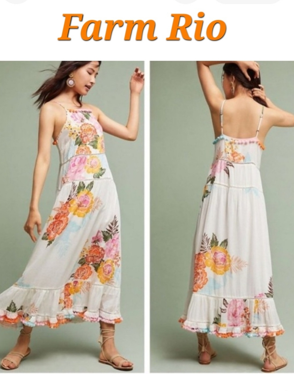 FARM Rio White Maxi Dress with Pink, Orange & Yellow Floral Print